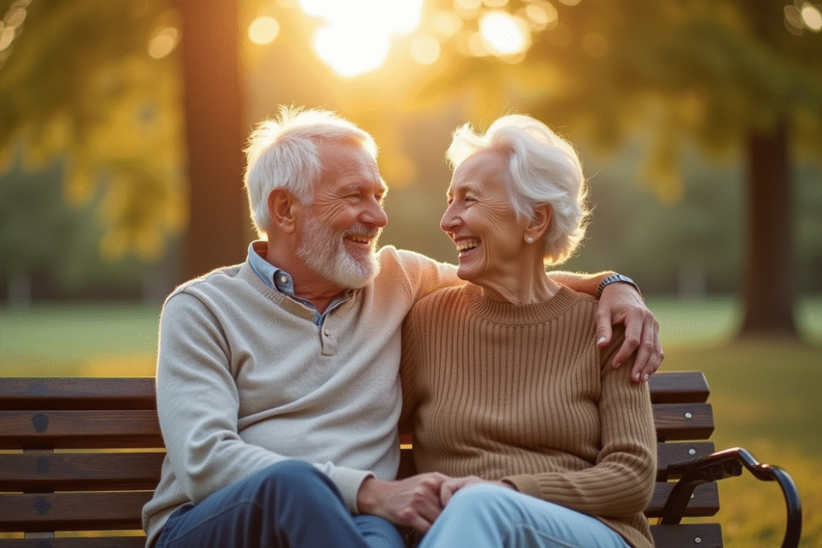 Couple souriant assis sur un banc dans un parc ensoleille