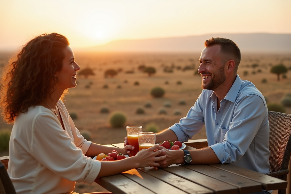 Jeune couple marié riant au coucher du soleil