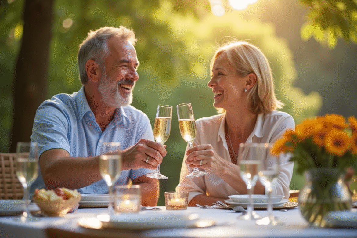 Couple mature partageant un toast avec du vin pétillant en extérieur