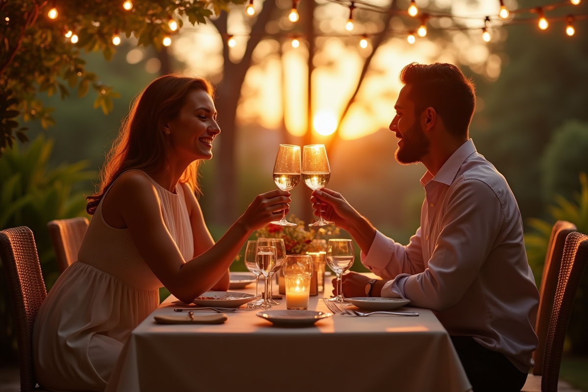 Couple trinquant avec vin sous lumières extérieures