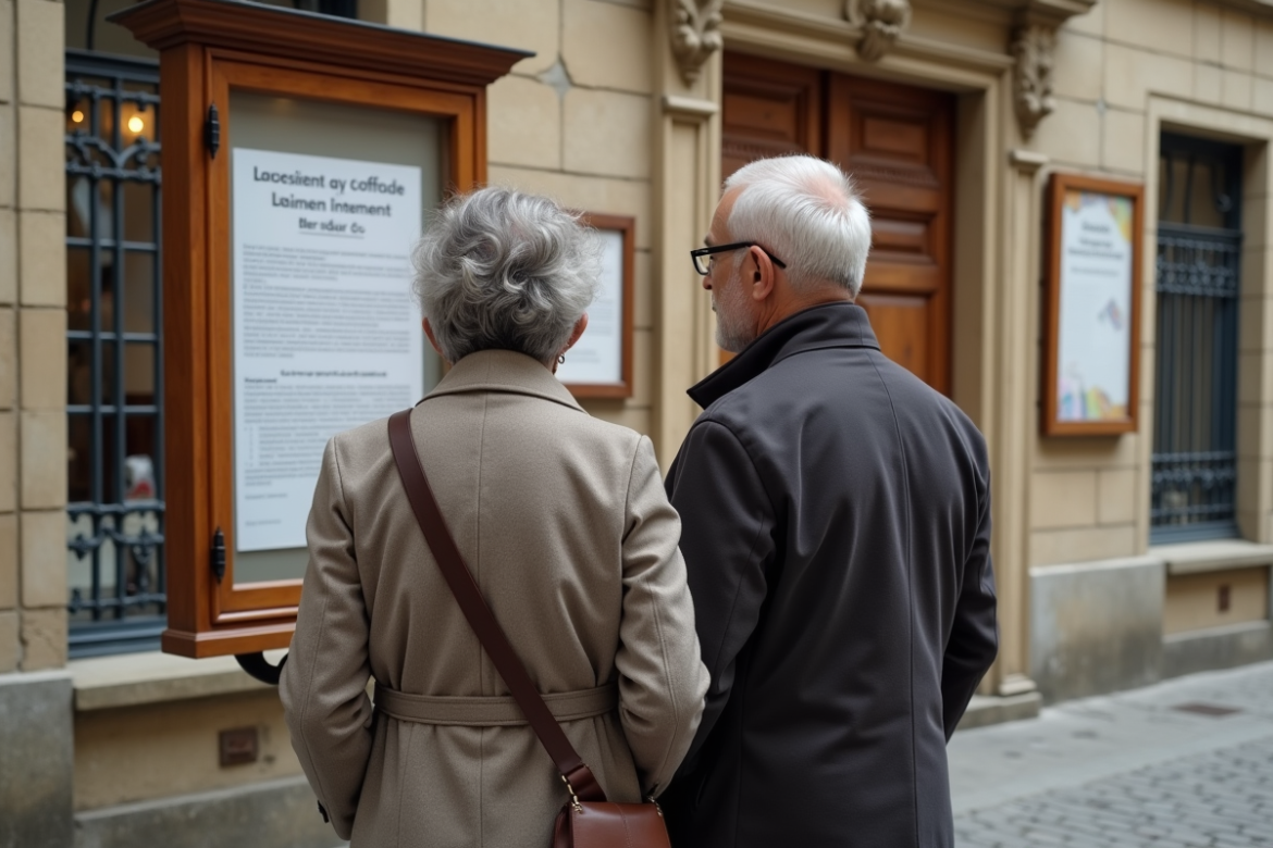 Couple français lisant un avis officiel devant la mairie