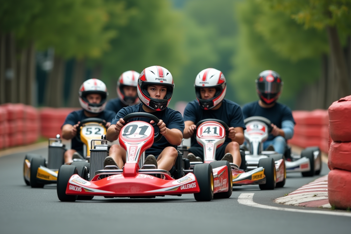 Jeunes hommes en course de karting en plein effort