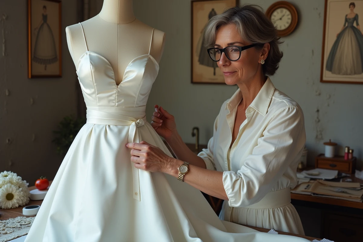 Couturière en atelier parisien ajustant une robe de mariée en satin blanc sur un mannequin de couture, environnement d'atelier authentique