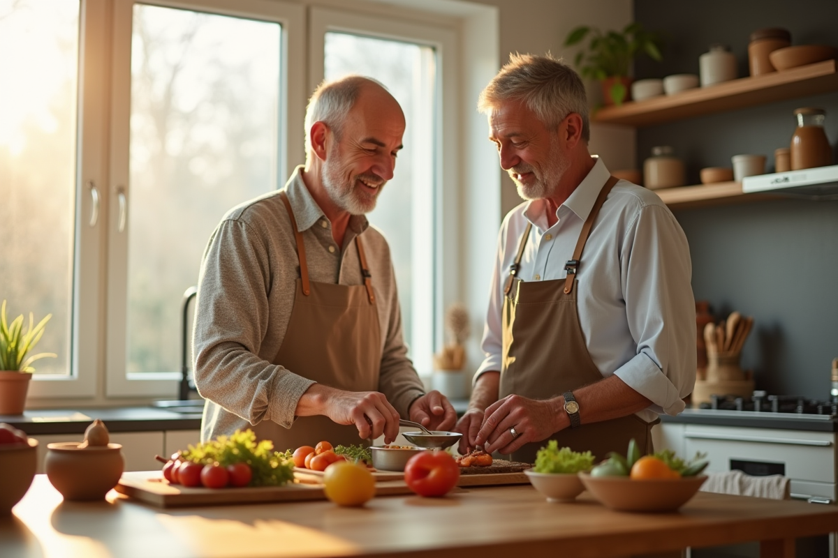Couple préparant un repas dans une cuisine lumineuse