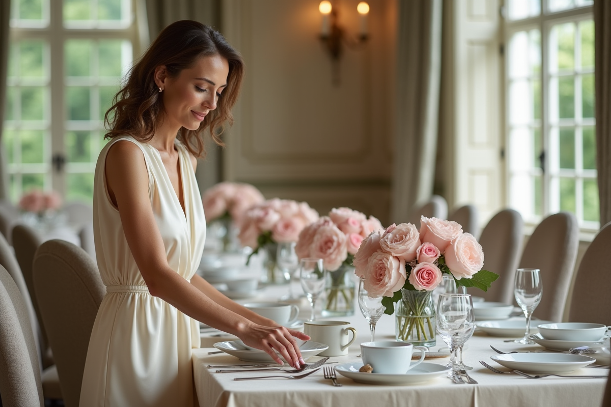 Femme élégante arrangeant des assiettes en porcelaine