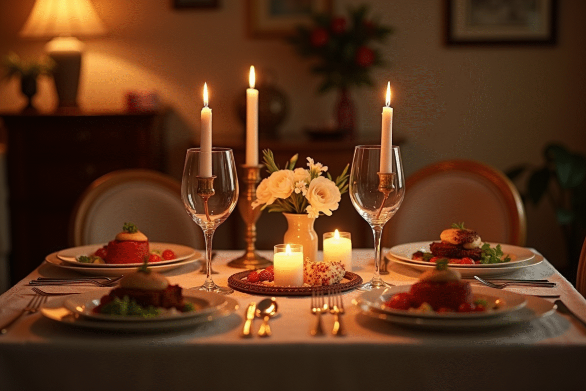 Table romantique pour deux avec bougies et fleurs