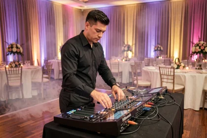 DJ synchronisant lumières et effets sonores lors d'une réception de mariage élégante
