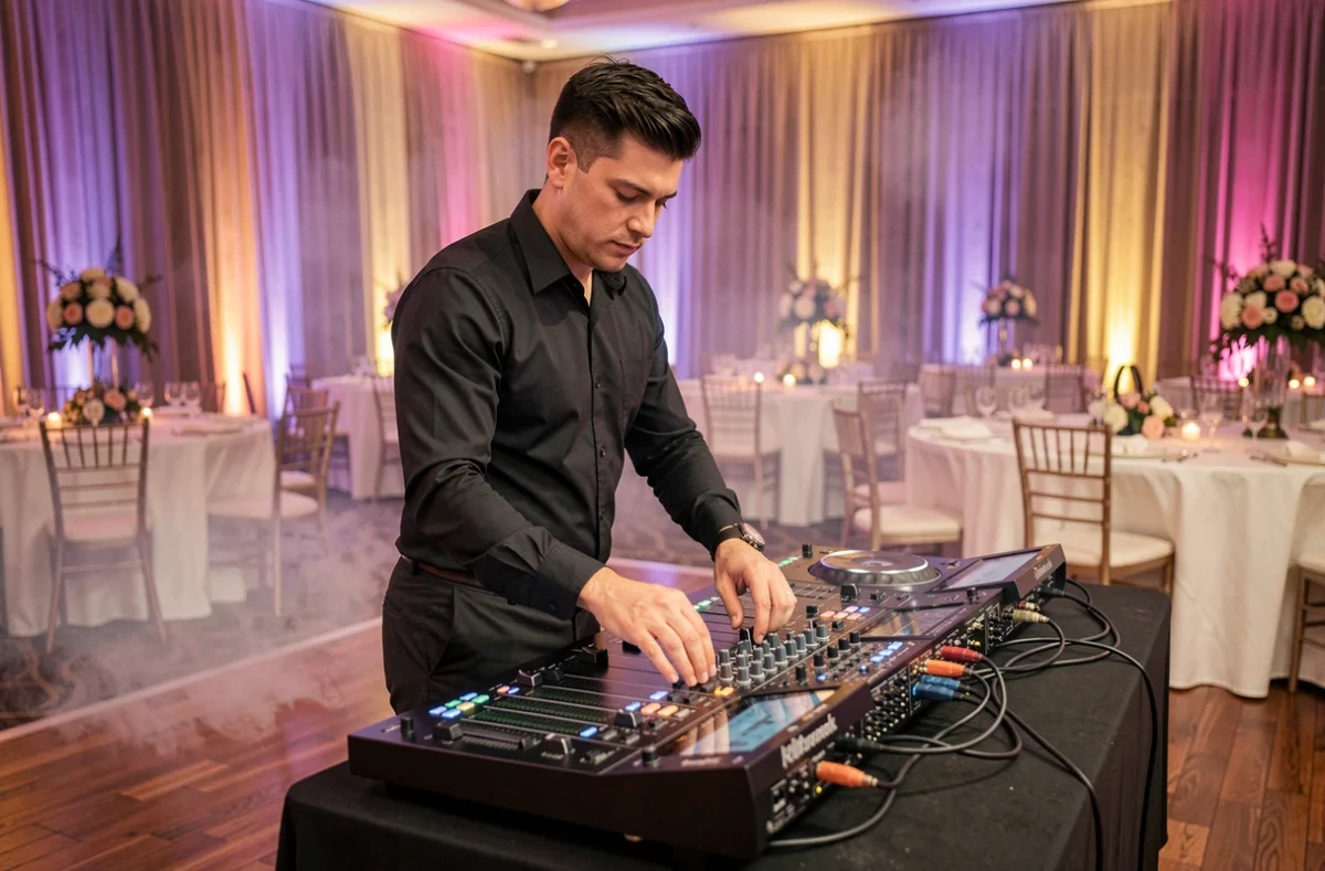 DJ synchronisant lumières et effets sonores lors d'une réception de mariage élégante