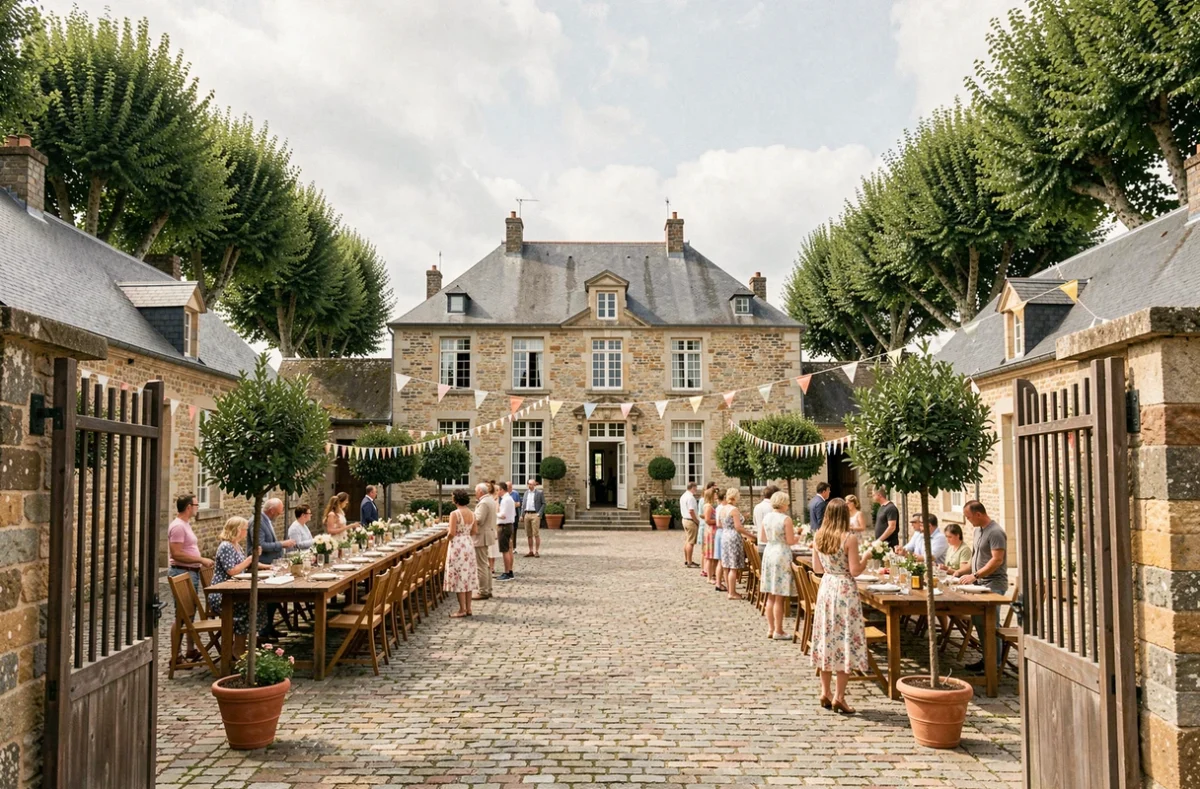 Cour intérieure du Domaine de Quincampoix décorée pour un banquet de mariage en plein air, avec tables en bois et guirlandes entre les bâtiments en granit