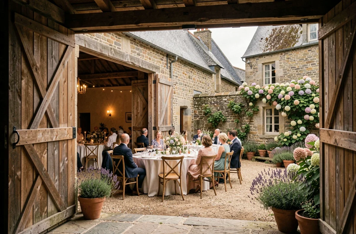 Salle de réception rustique du Domaine des Hayes à Maxent, avec tables décorées de fleurs sauvages dans une ancienne grange en pierre bretonne