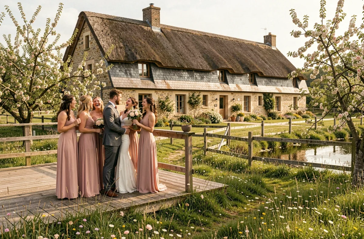 Cortège de mariage souriant sur la terrasse en bois du Domaine des Longrais à Saint-Thurial, entouré de vergers en fleurs et de prairies