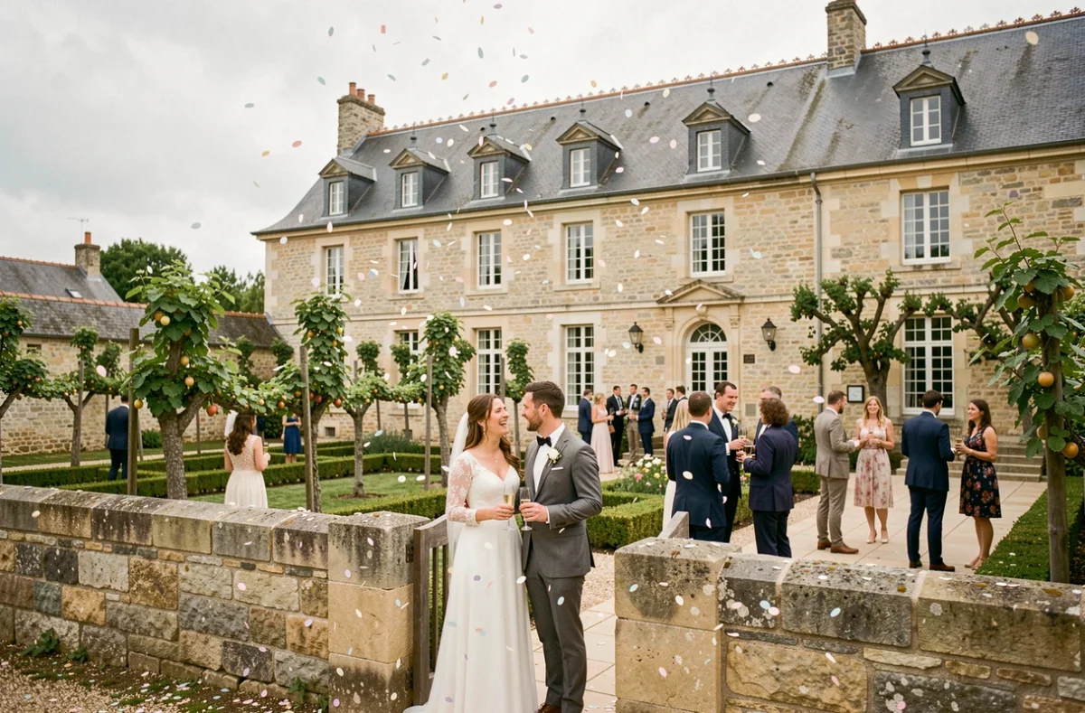 Couple de mariés riant sous les confettis dans le jardin clos du Domaine de Launay Chauvel à Corps-Nuds, invités en arrière-plan avec coupes de champagne