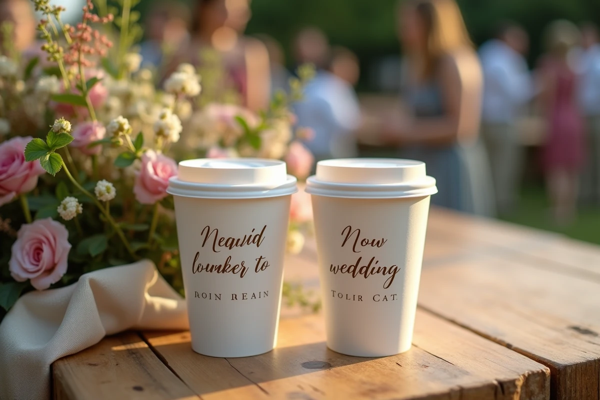 Deux eco cups personnalisés avec messages de mariage humoristiques posés sur une table en bois rustique décorée de fleurs sauvages