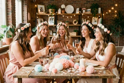 Groupe d'amies fêtant un enterrement de vie de jeune fille autour d'une table décorée avec des pompons en papier et des flûtes de champagne rosé