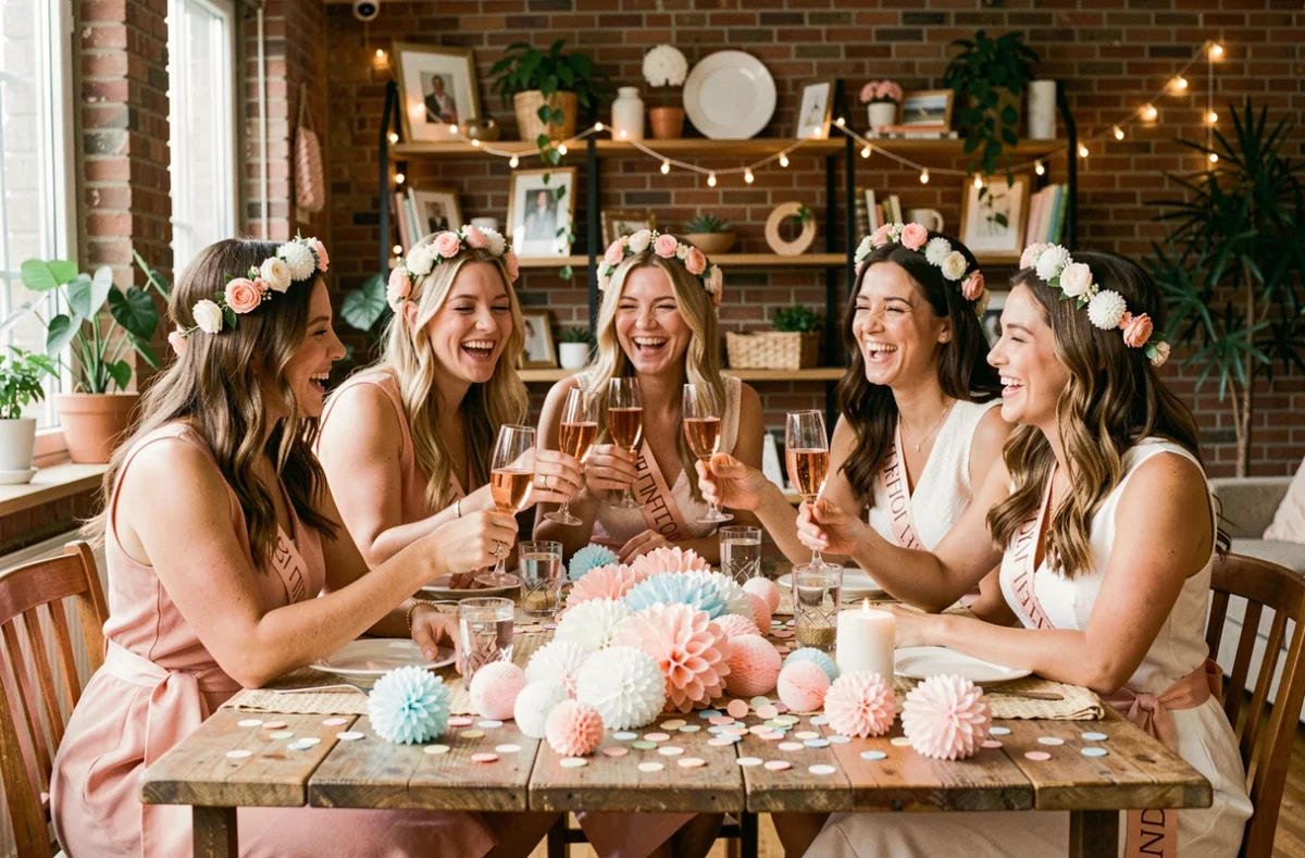 Groupe d'amies fêtant un enterrement de vie de jeune fille autour d'une table décorée avec des pompons en papier et des flûtes de champagne rosé