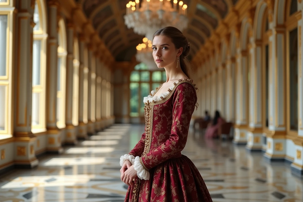 Femme en robe de cour XVIIe siècle dans la galerie de Versailles, évoquant les rivalités et intrigues à la cour de Louis XIV