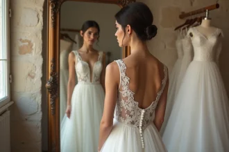 Jeune femme essayant une robe de mariée en dentelle ivoire dans une boutique de mariage parisienne, reflet dans un grand miroir doré