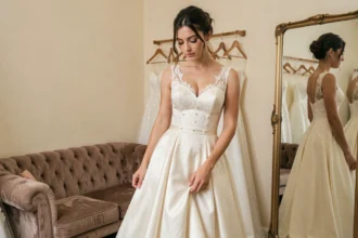 Jeune femme essayant une robe de mariée ivoire dans une boutique de Strasbourg, hésitant entre achat et location