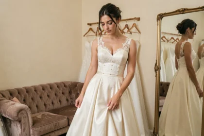 Jeune femme essayant une robe de mariée ivoire dans une boutique de Strasbourg, hésitant entre achat et location
