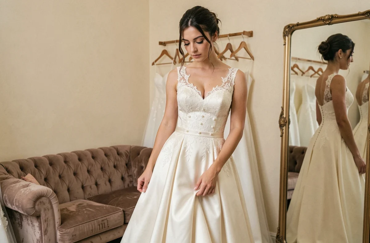 Jeune femme essayant une robe de mariée ivoire dans une boutique de Strasbourg, hésitant entre achat et location