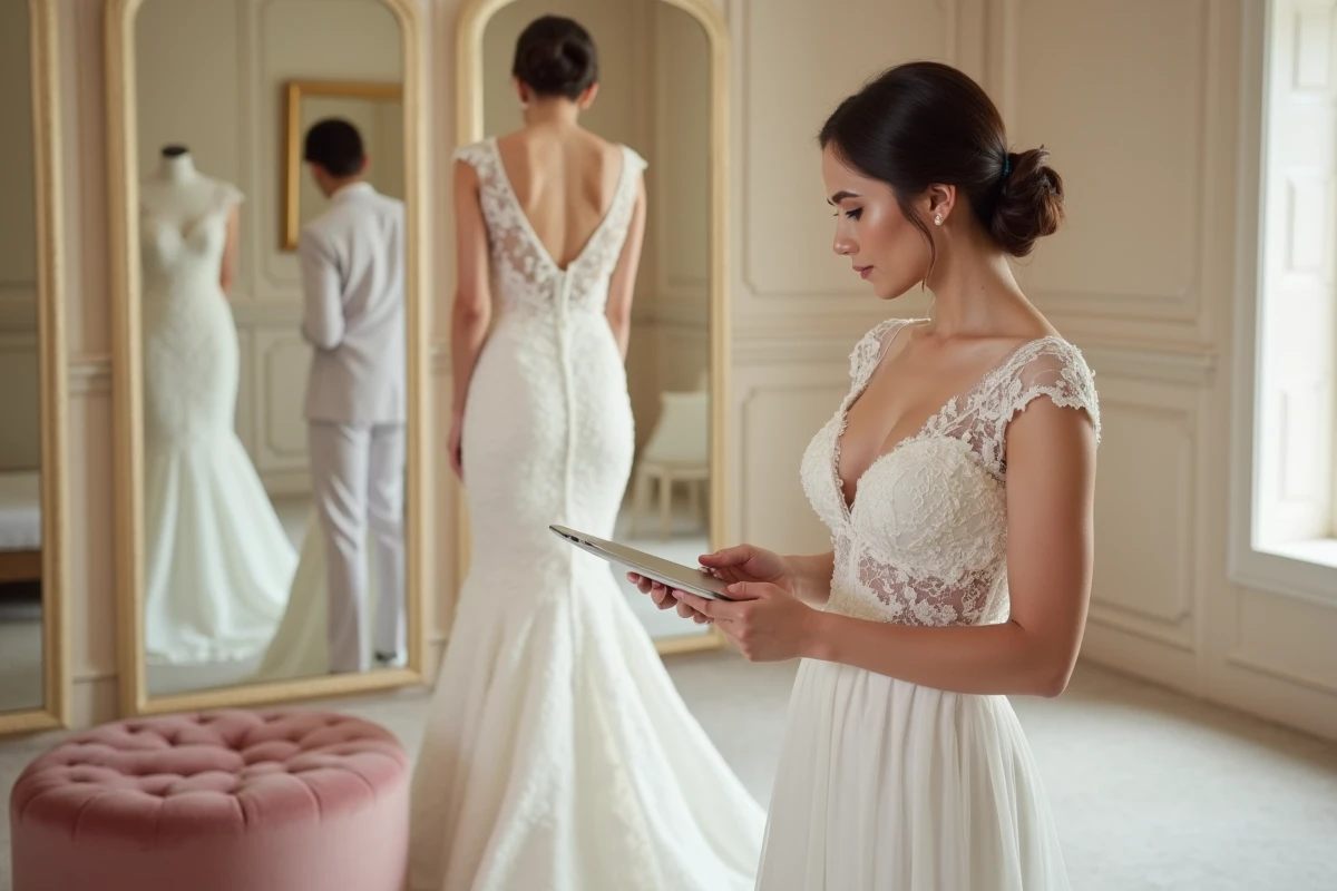 Future mariée en robe de mariée comparant les prix sur une tablette lors d'un essayage en boutique