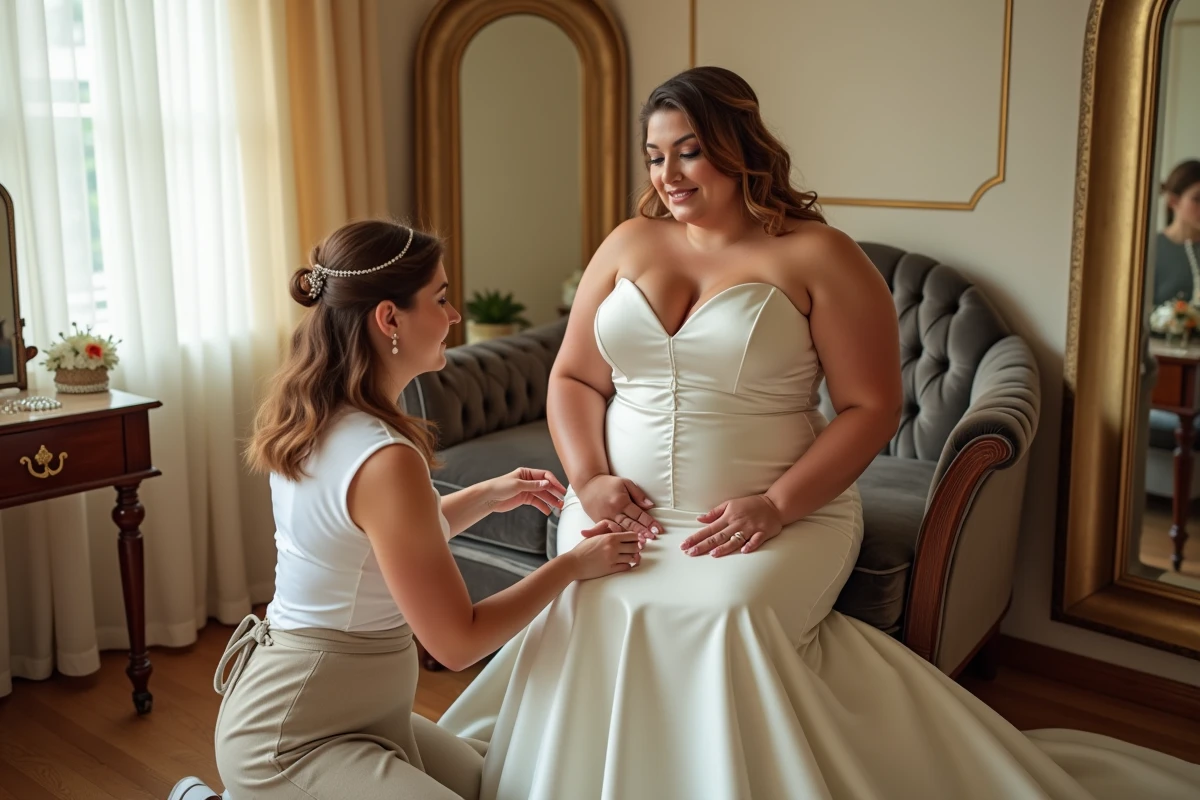 Essayage de robe de mariée pour femme ronde avec couturière ajustant l'ourlet en salle de préparation