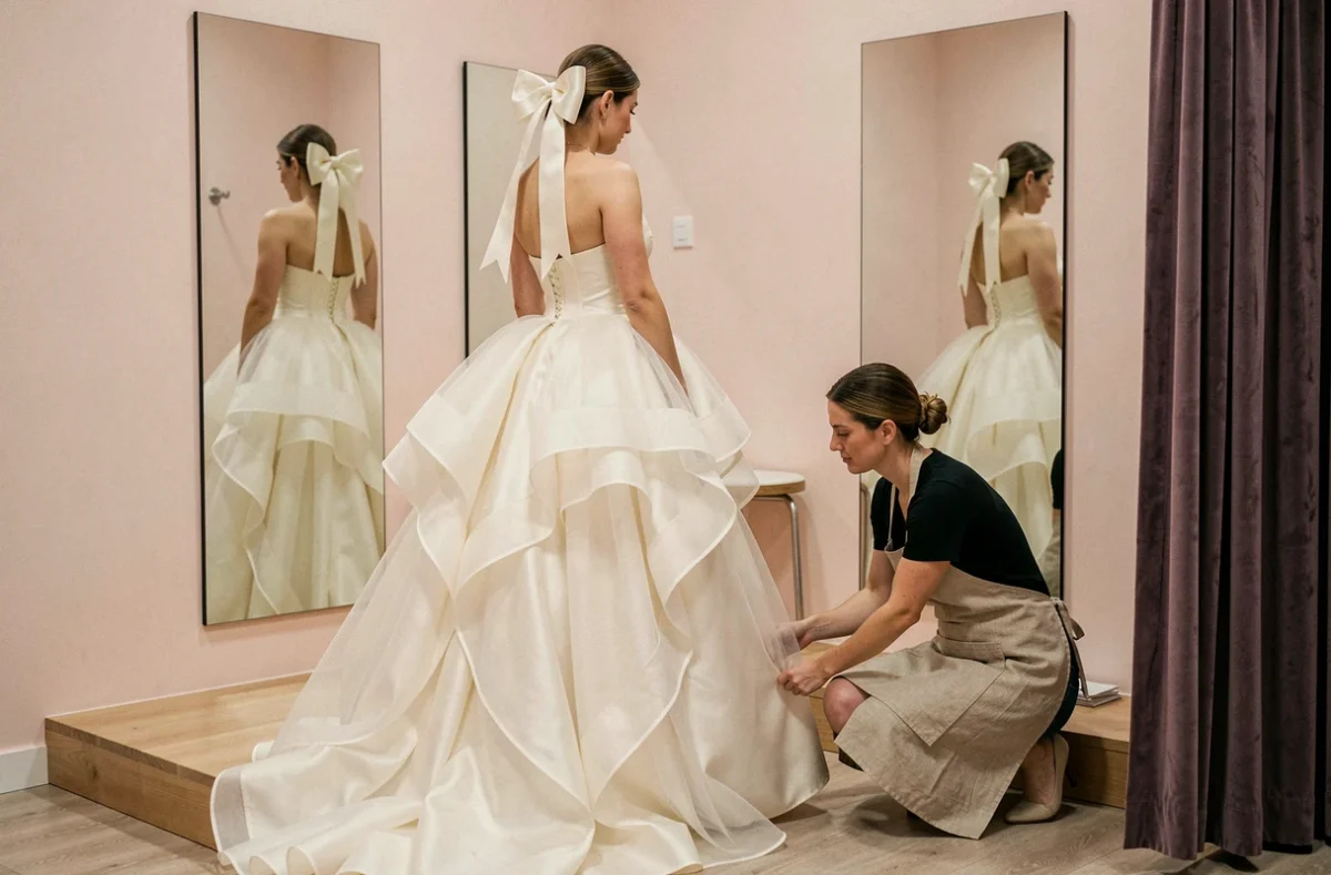 Petite mariée essayant une robe de mariée volumineuse en tulle trop encombrante pour sa morphologie dans une cabine d'essayage avec couturière