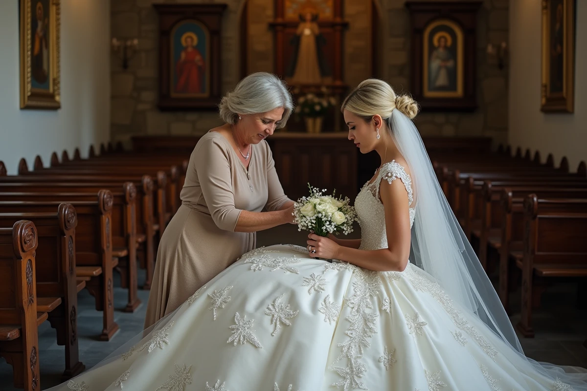 Femme plus âgée ajustant la robe de mariée dans la sacristie