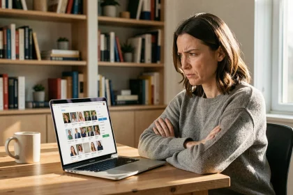Femme sceptique analysant des profils suspects sur un site de rencontre elite depuis son bureau à domicile