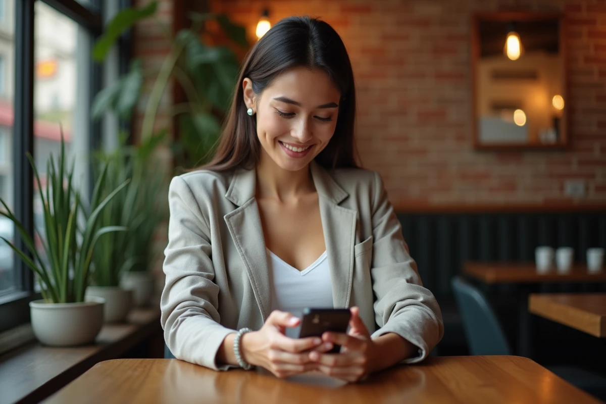 Jeune femme utilisant l'application Bumble sur son smartphone dans un café, illustrant l'utilisation d'un algorithme de rencontre