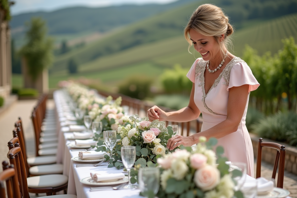 Femme en robe pastel arrangeant un centre de fleurs