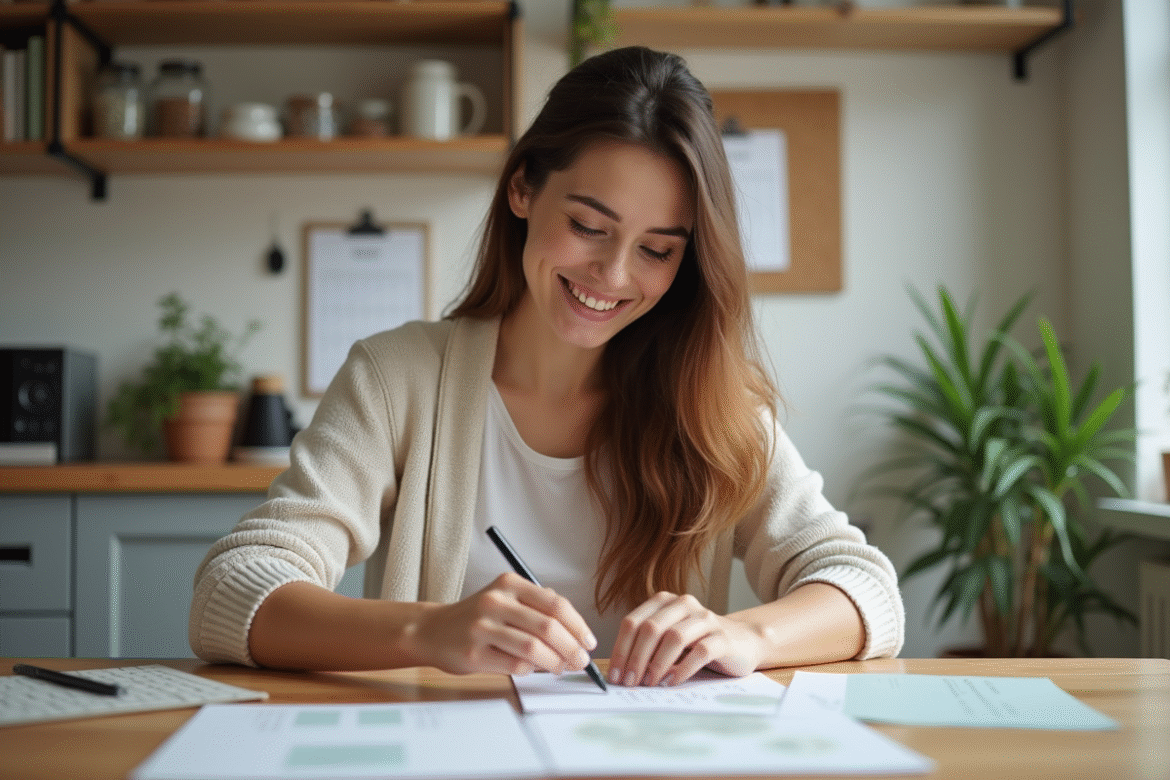 Jeune femme souriante assemble invitations mariage maison