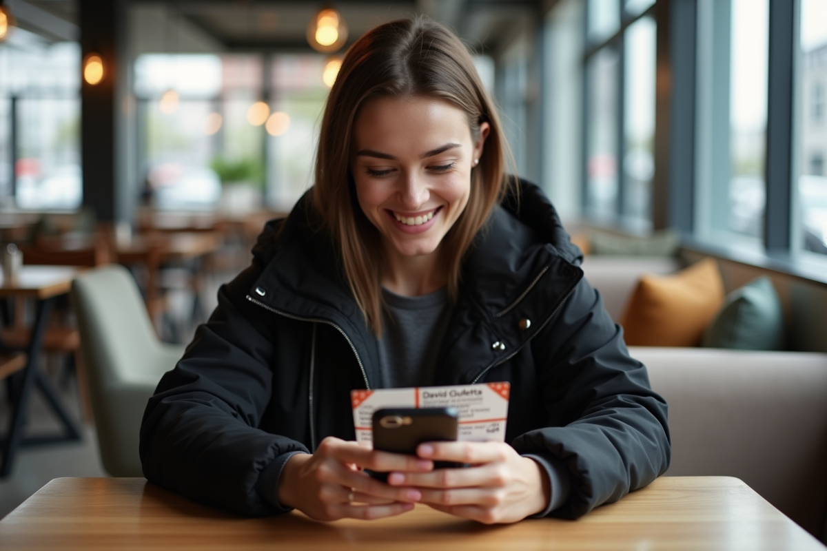 Jeune femme souriante tenant son ticket de concert dans un café moderne