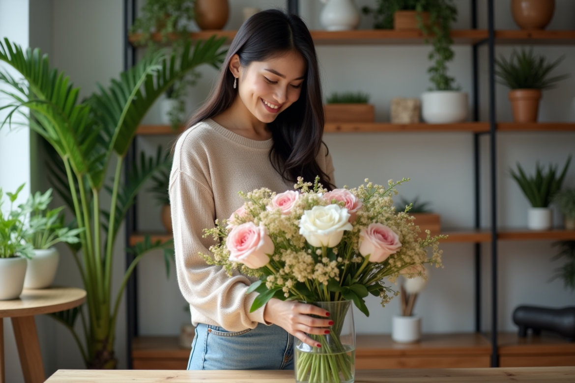 Jeune femme arrangeant un bouquet de fleurs dans un vase