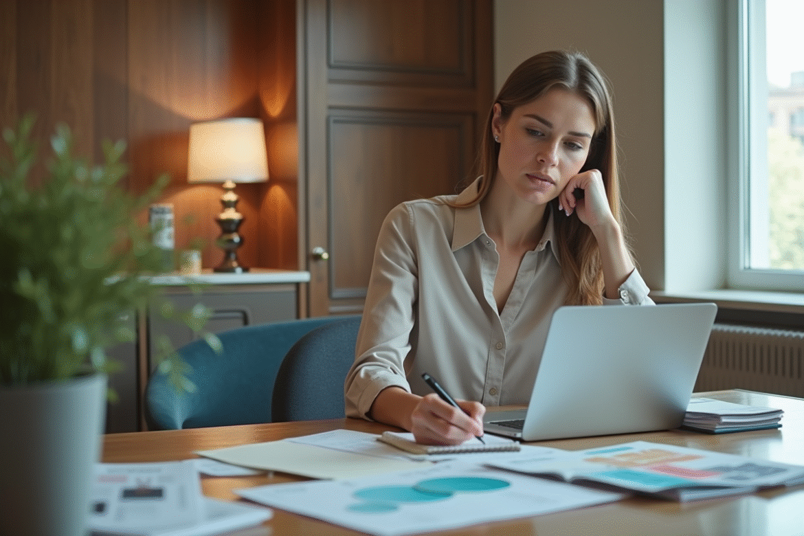 Femme en bureau moderne examinant logiciel ERP