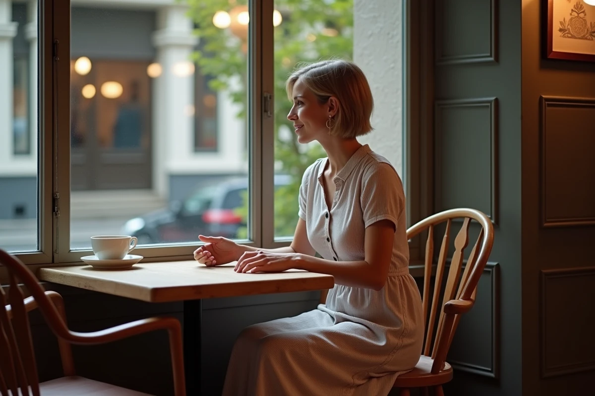 Femme assise au café ajustant sa robe en intérieur