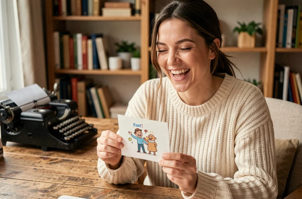 Femme souriante lisant une carte de félicitations mariage humoristique dans un bureau cosy