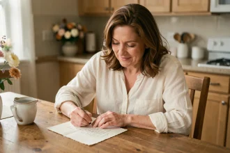 Femme écrivant un message de remerciement pour une invitation d'anniversaire à la main sur du papier texturé