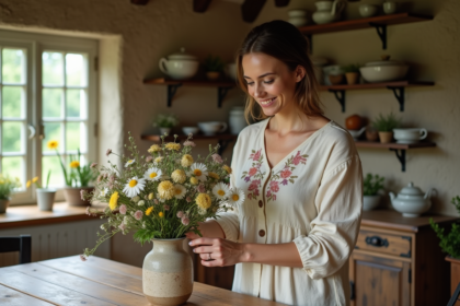 Femme arrangeant un bouquet de fleurs dans une maison rustique