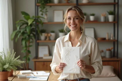 Femme souriante tenant une invitation mariage élégante