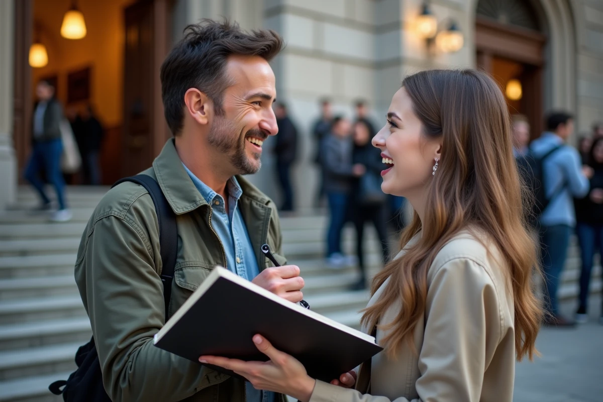 Jeune femme avec un livre d autographe face à une célébrité