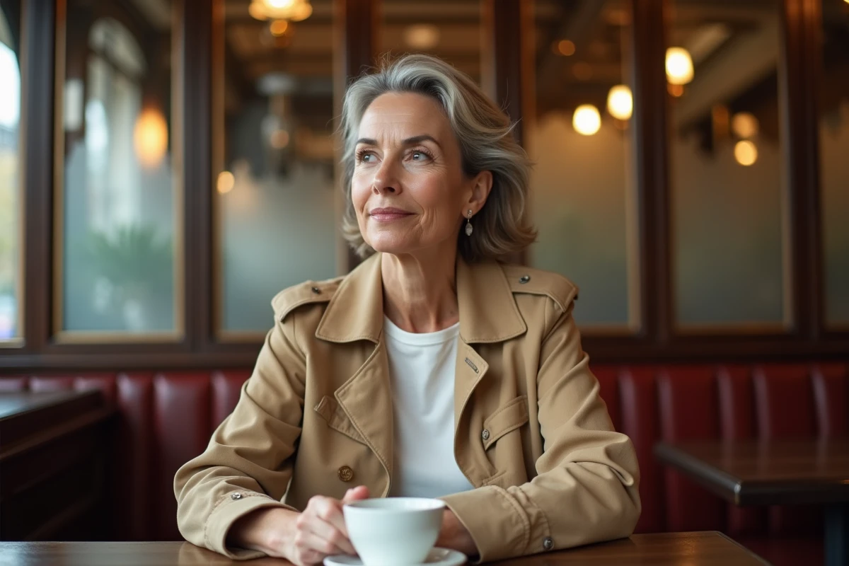 Femme journaliste pensive attablée dans un café parisien, portrait éditorial au style magazine