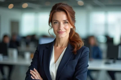 Femme journaliste professionnelle dans une salle de rédaction moderne, portrait éditorial réaliste