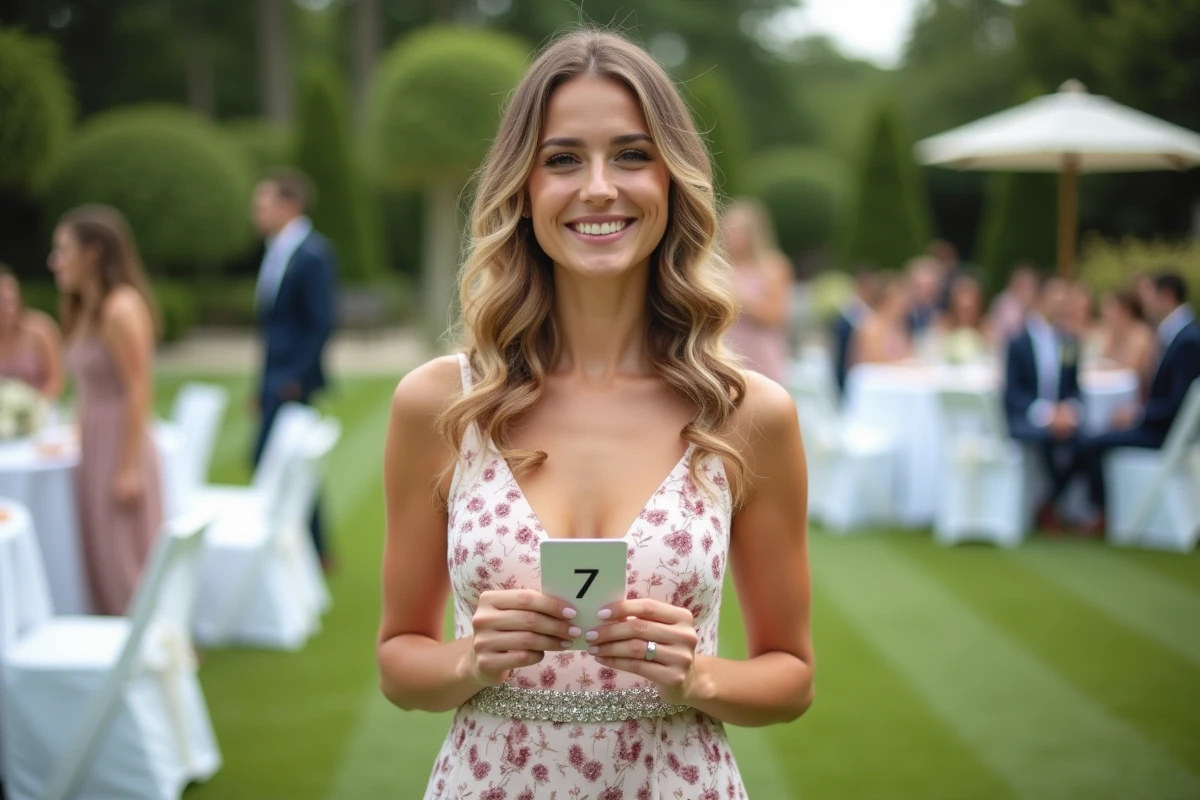 Jeune femme souriante en robe florale lors d