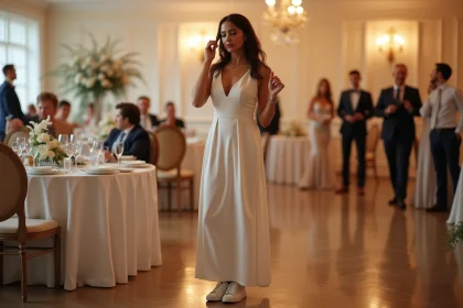 Femme en robe formelle et baskets lors d’un mariage