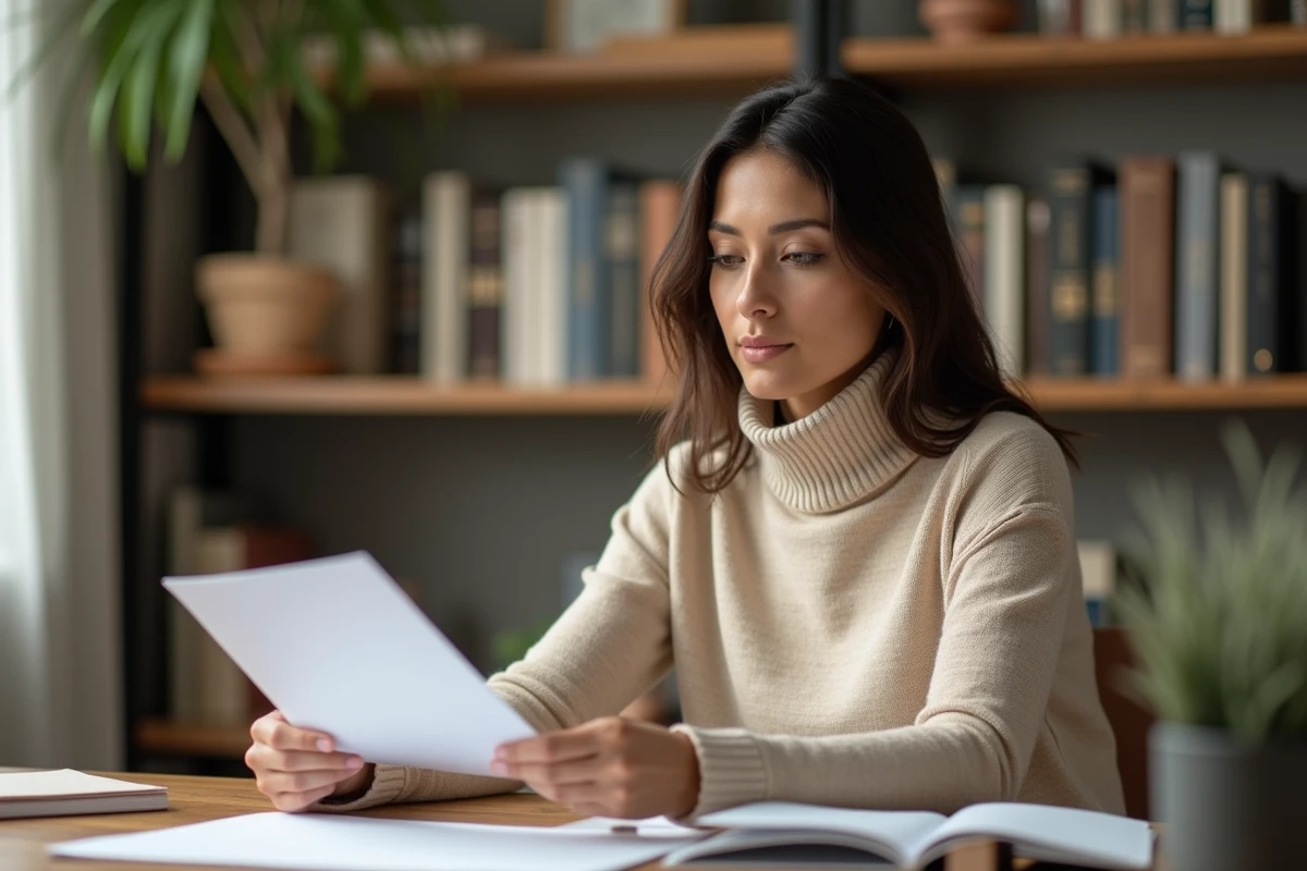 Femme professionnelle concentrée travaillant dans un bureau à domicile chaleureux et minimaliste