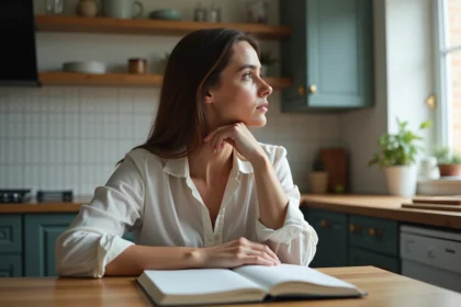 Femme pensant dans une cuisine moderne et chaleureuse
