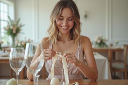 Jeune femme souriante en robe pastel attachant un ruban autour d'un verre de vin