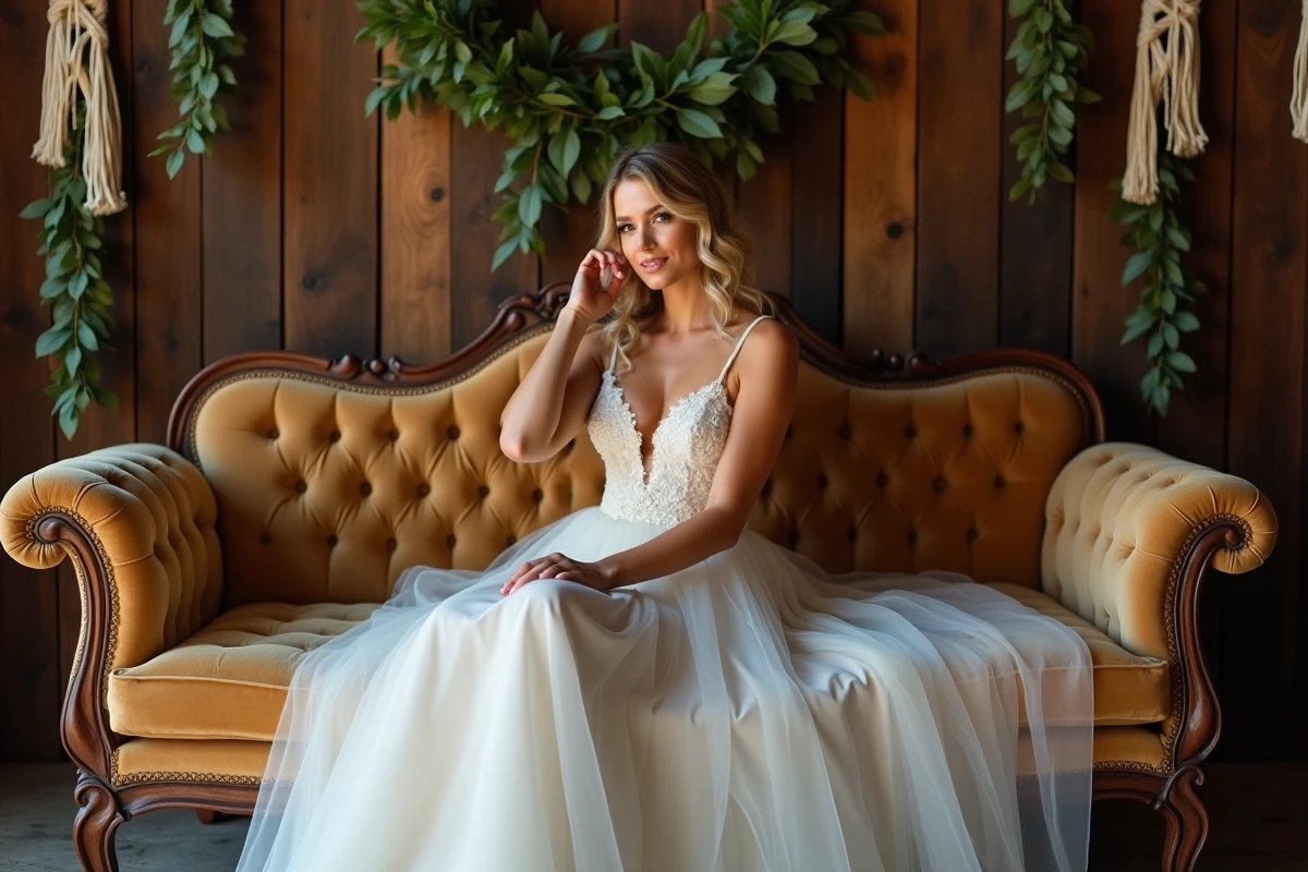 Femme en robe de mariage bohème dans un barn rustique