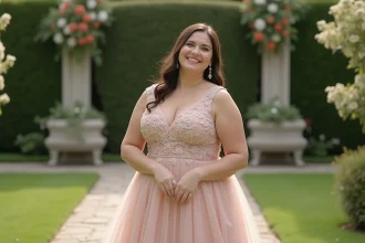 Femme en robe de mariage élégante dans un jardin luxuriant